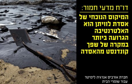 דו"ח מדעי חמור: במקרה של שפך קונדנסט מהאסדה המיקום הנוכחי של אסדת לוויתן הוא האלטרנטיבה הגרועה ביותר